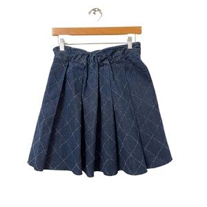 Free People Denim Diamond Print Pleated Frayed Mini Skirt Size XS